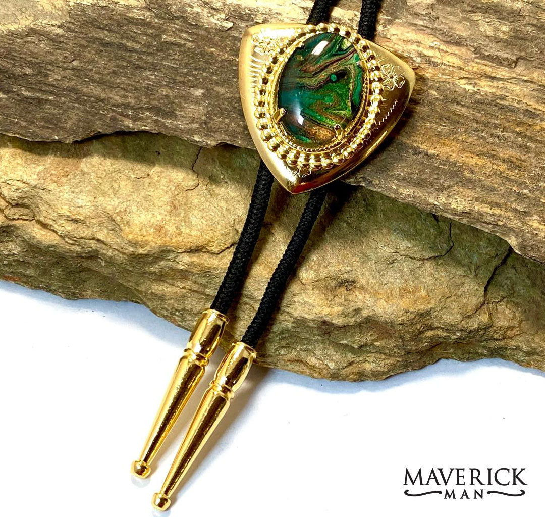 Smaller golden triangular bolo with green hand painted stone