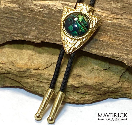 Hammered golden arrowhead bolo with green hand painted stone