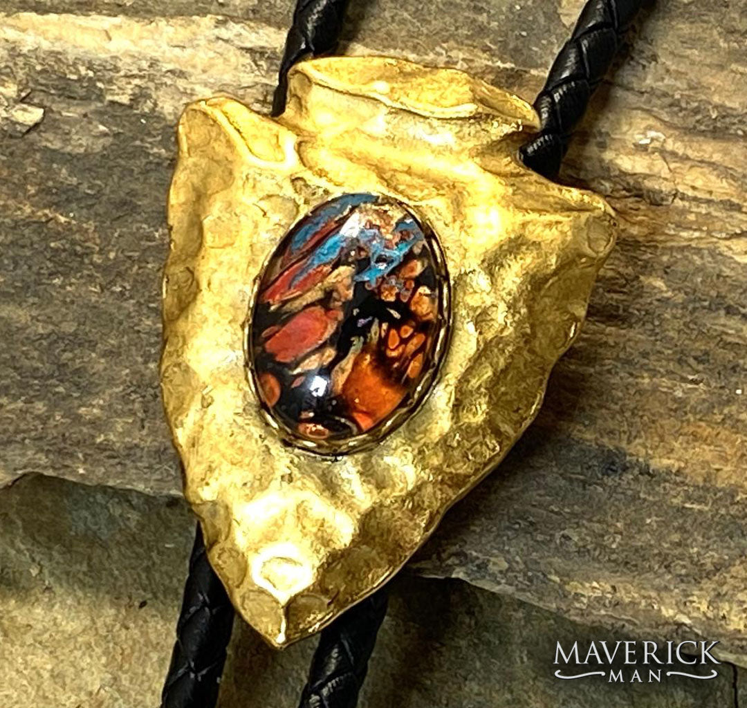 Hammered golden arrowhead bolo with southwestern hand painted stone