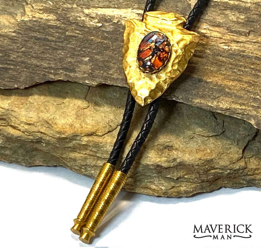 Hammered golden arrowhead bolo with southwestern hand painted stone