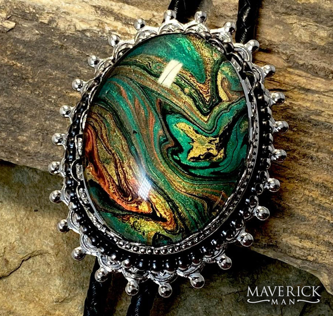 Silver spikey bolo with fabulous green hand painted stone