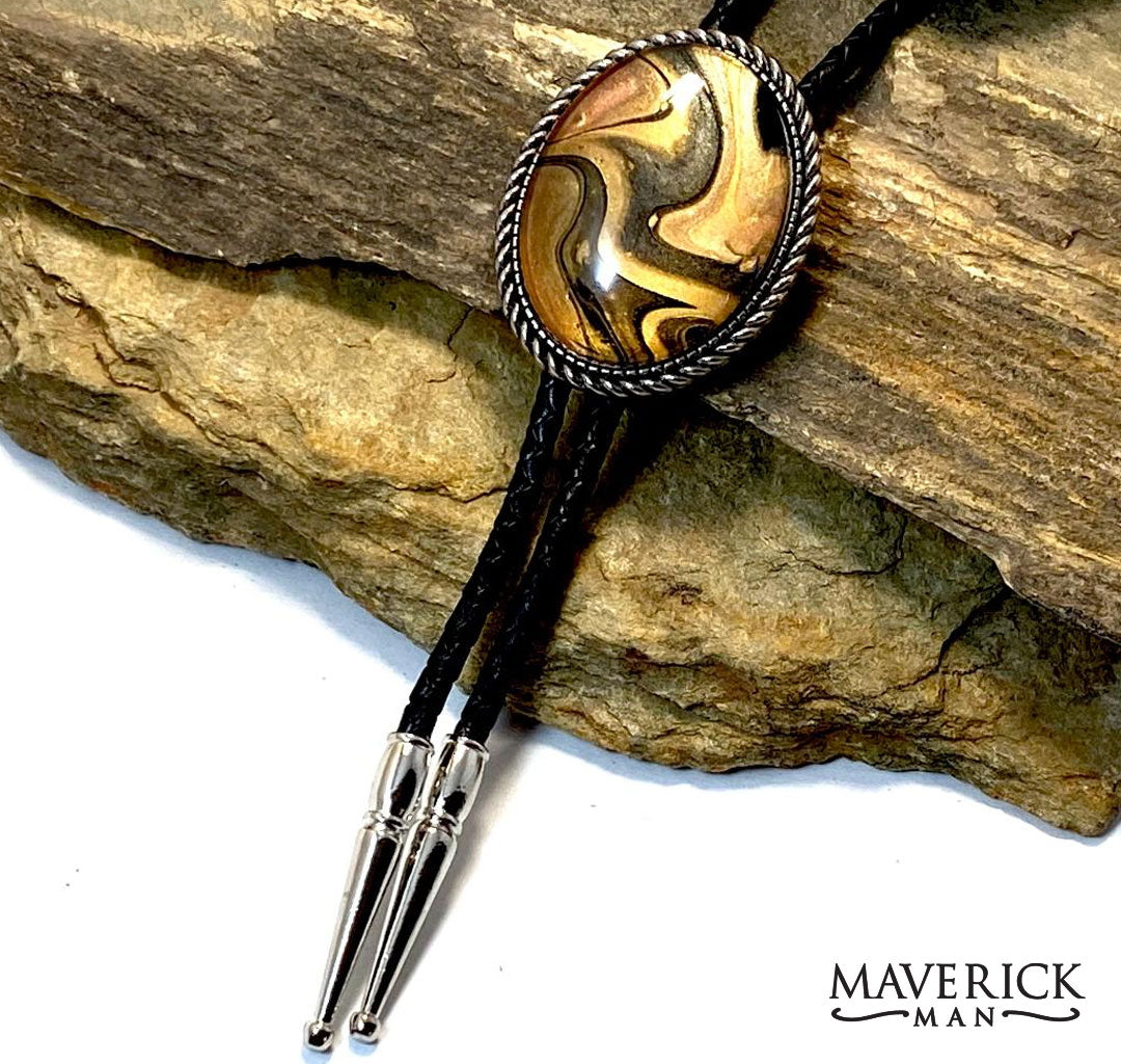 Silver braided bolo with Tiger Eye looking hand painted stone