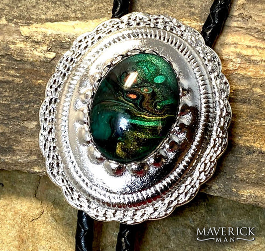 Silver concho bolo with green and black hand painted stone