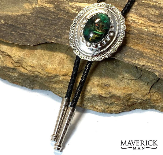 Silver concho bolo with green and black hand painted stone