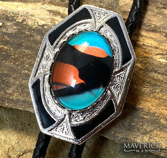Unusual turquoise, copper and black hand painted stone in silver bolo