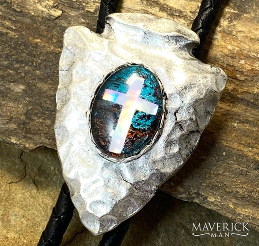 Hammered silver arrowhead bolo with turquoise and copper stone