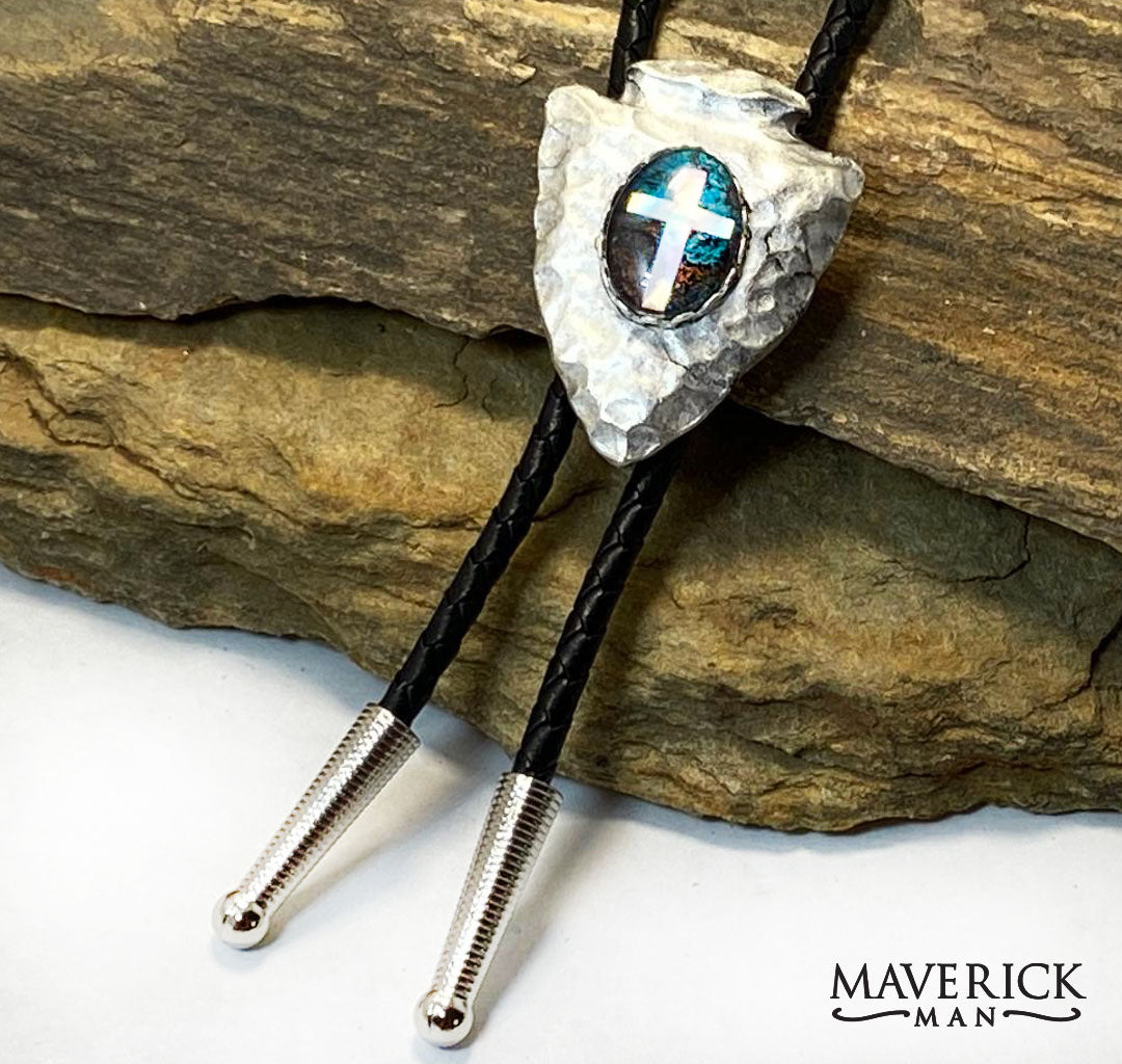 Hammered silver arrowhead bolo with turquoise and copper stone