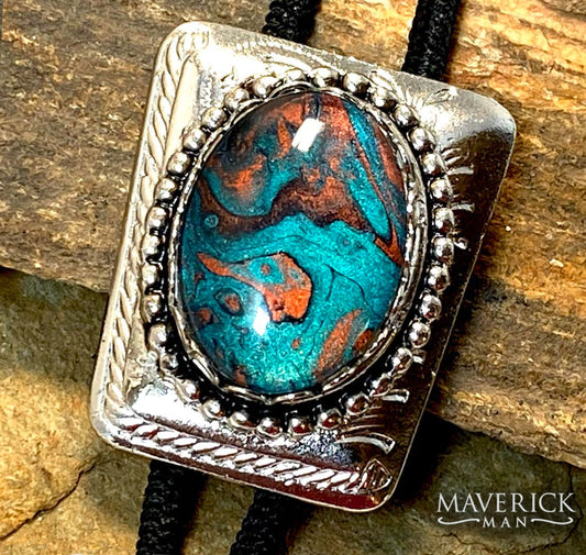 Turquoise and Copper hand painted stone in our modern bolo