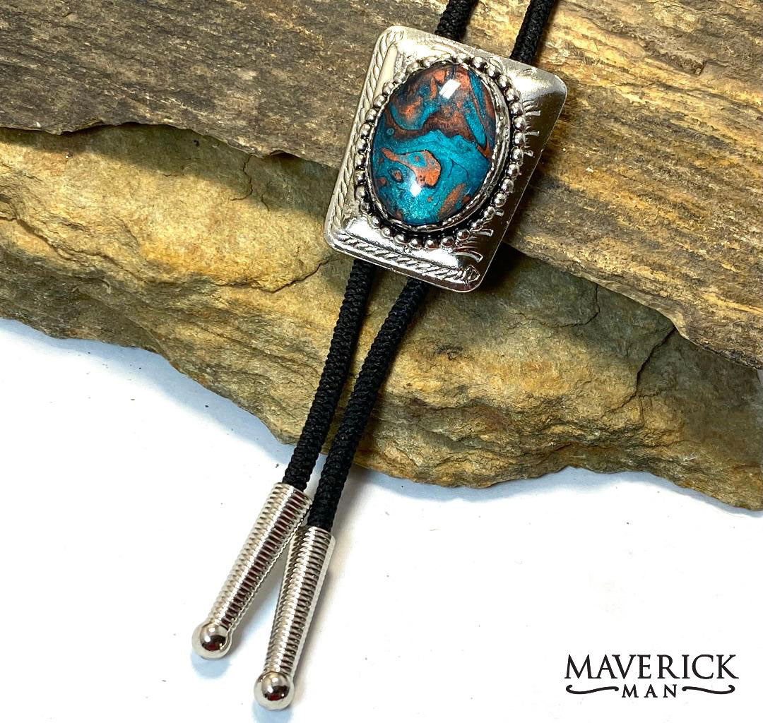 Turquoise and Copper hand painted stone in our modern bolo