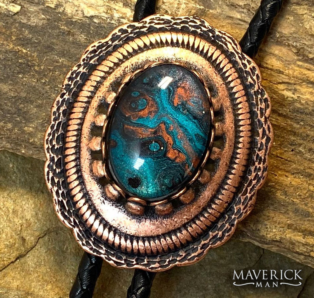 Copper concho bolo with hand painted turquoise and copper stone
