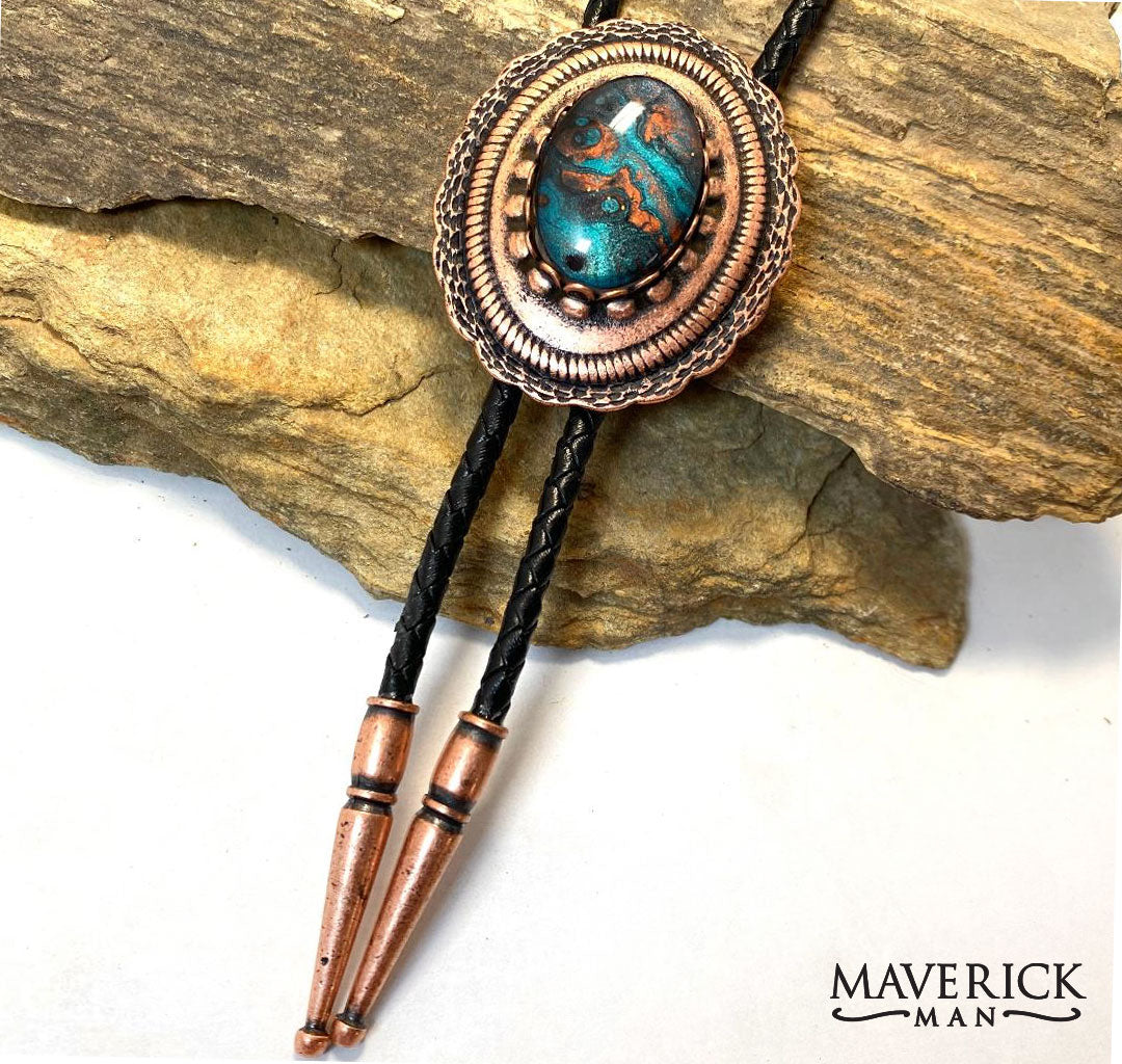 Copper concho bolo with hand painted turquoise and copper stone