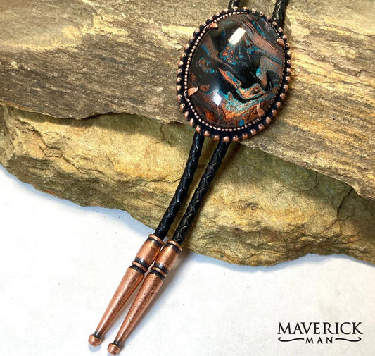 Beaded copper bolo with hand painted turquoise and copper stone