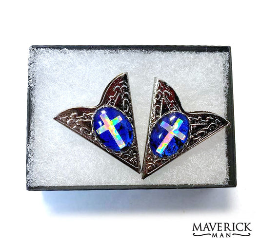 Medium silver collar tips with holographic cross in hand painted royal blue stones
