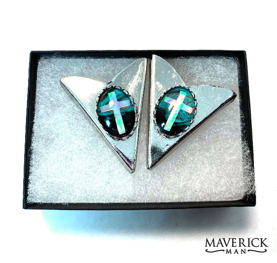 Medium silver collar tips with holographic cross in hand painted turquoise and black stones