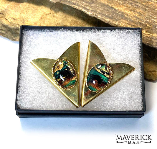 Medium gold collar tips with hand painted green and black stones