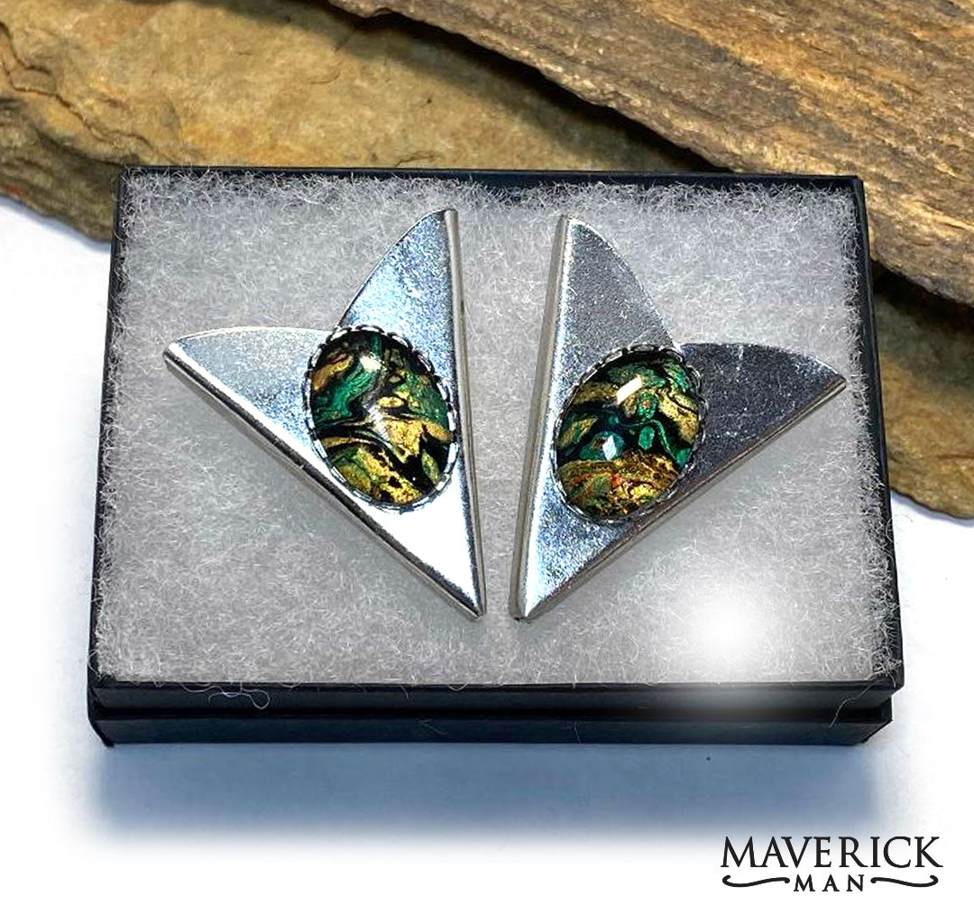 Medium silver collar tips with hand painted green and black stones