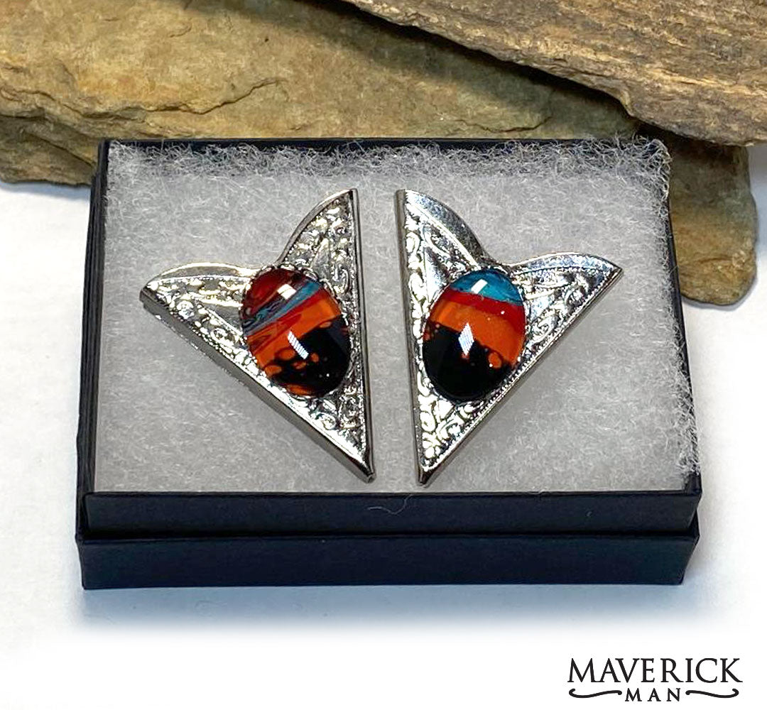 Ornate silver collar tips with our southwestern hand painted stones