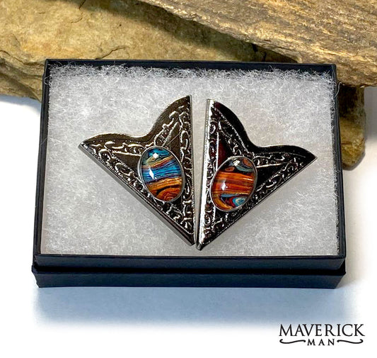 Ornate silver collar tips with our southwestern hand painted stones
