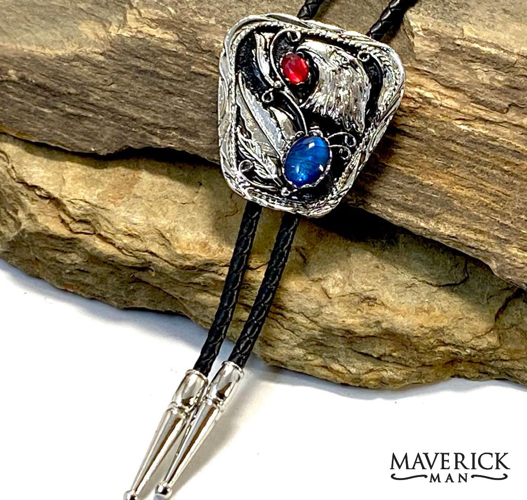 Silver eagle bolo with red and blue stones