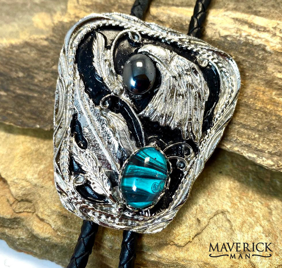 Silver eagle bolo with hematite and our hand painted turquoise stone