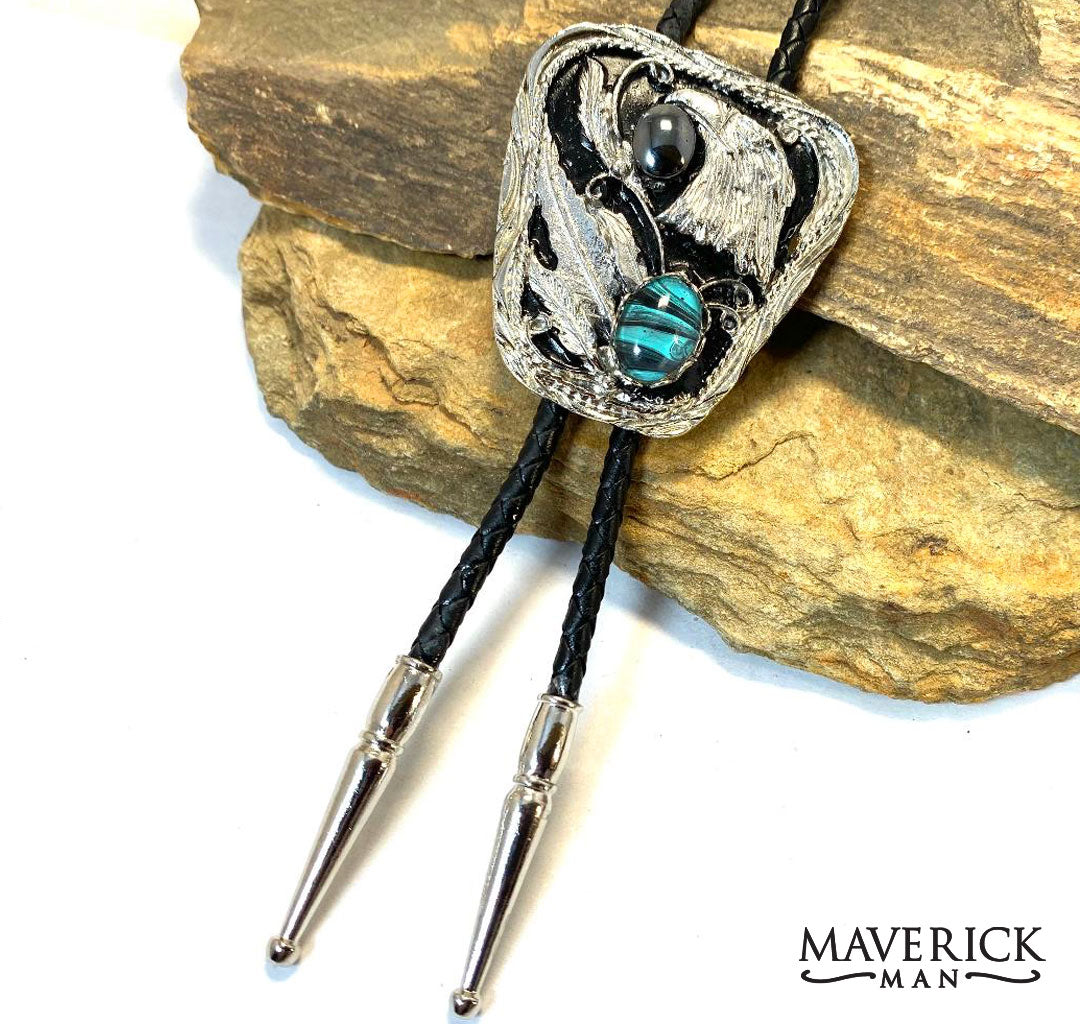 Silver eagle bolo with hematite and our hand painted turquoise stone
