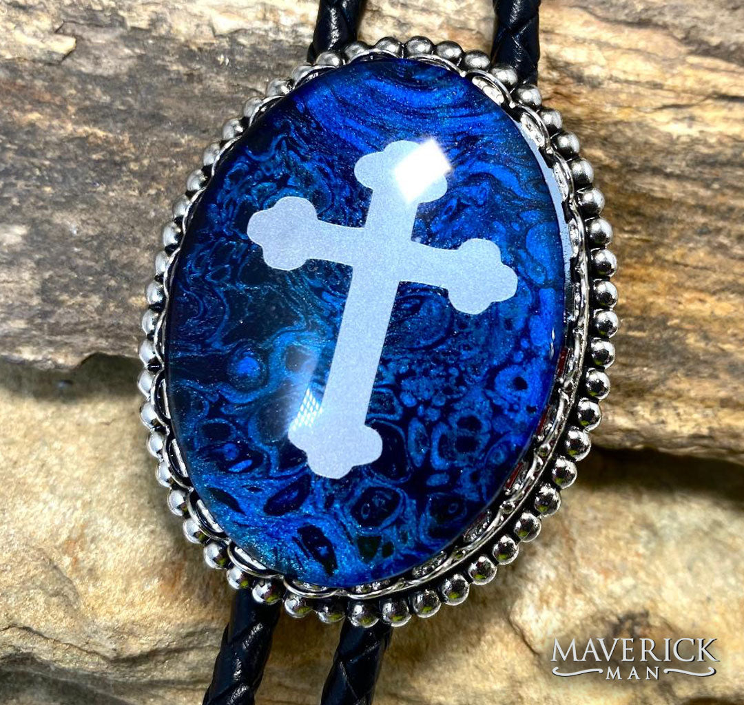Large cross bolo with blue and black hand painted stone