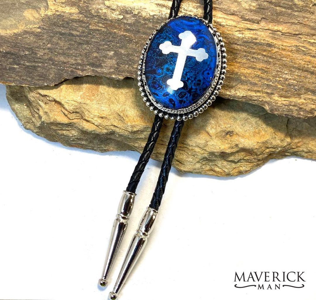 Large cross bolo with blue and black hand painted stone