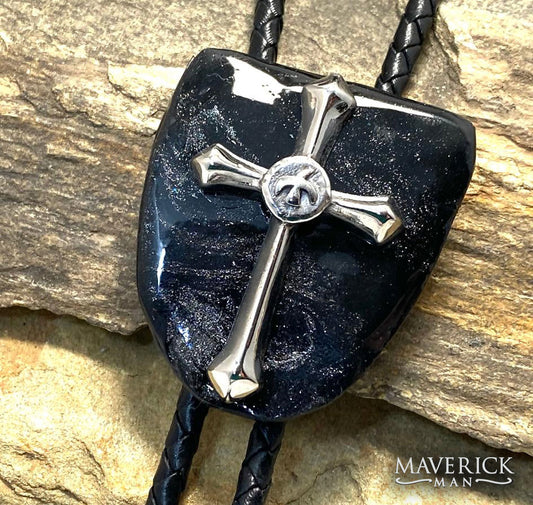 Handsome black and platinum bolo made from slate w stainless steel cross