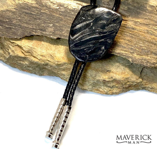 Distinctive hand painted slate bolo with our top-selling black and platinum palette