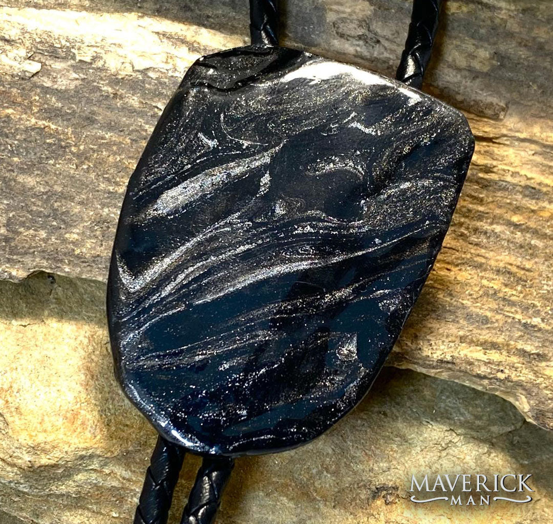 Distinctive hand painted slate bolo with our top-selling black and platinum palette