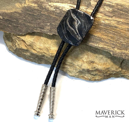 Hand painted slate bolo with our top-selling black and platinum palette