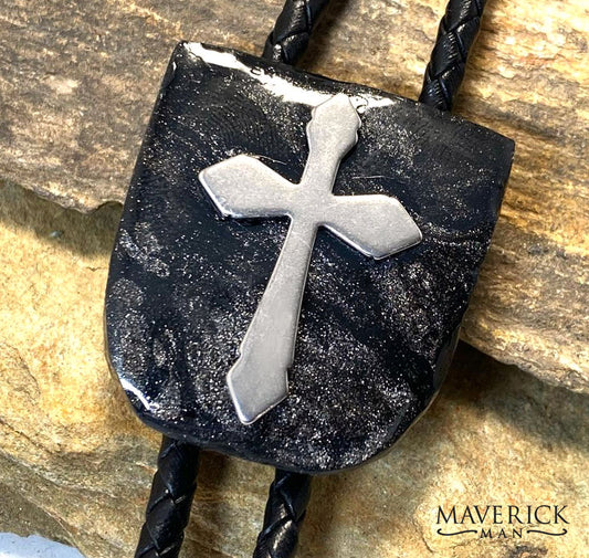 Cross bolo black and platinum bolo made from slate w stainless steel cross