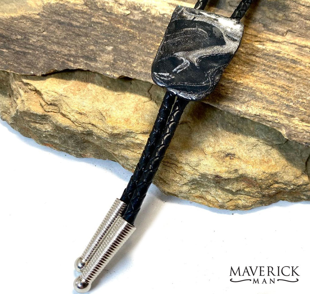 Hand painted slate bolo with our top-selling black and platinum palette