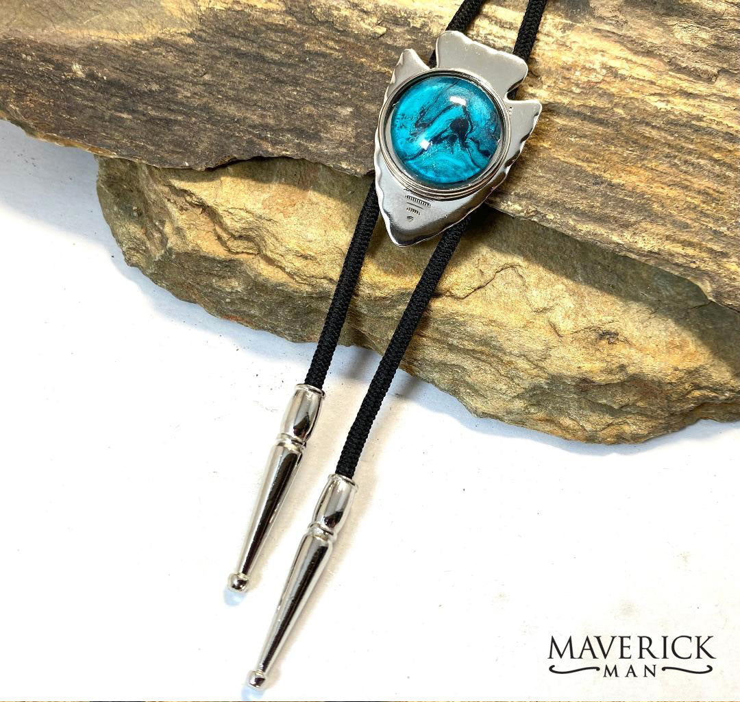 Modern silver arrowhead bolo with hand painted turquoise stone