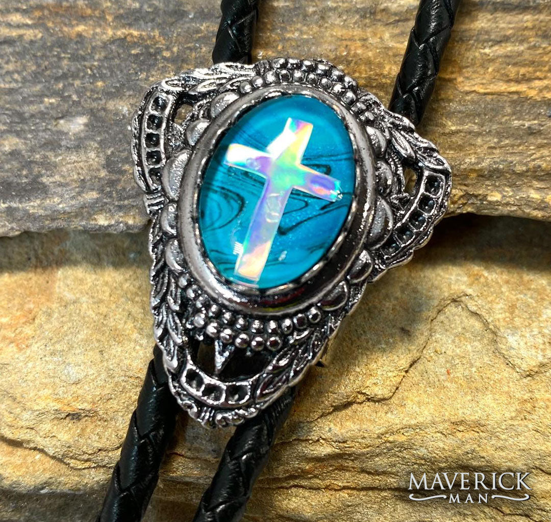Small silver cross bolo with turquoise hand painted stone