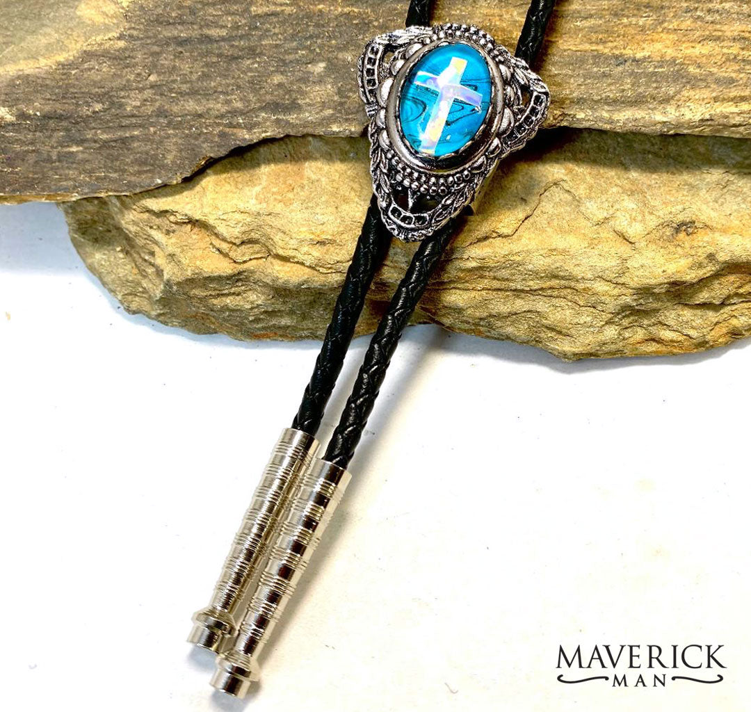 Small silver cross bolo with turquoise hand painted stone