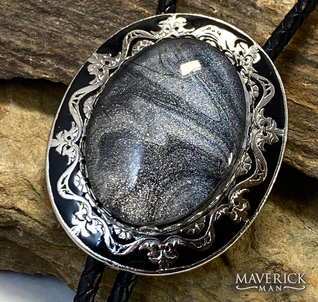 Large dressy bolo with black and platinum hand painted stone