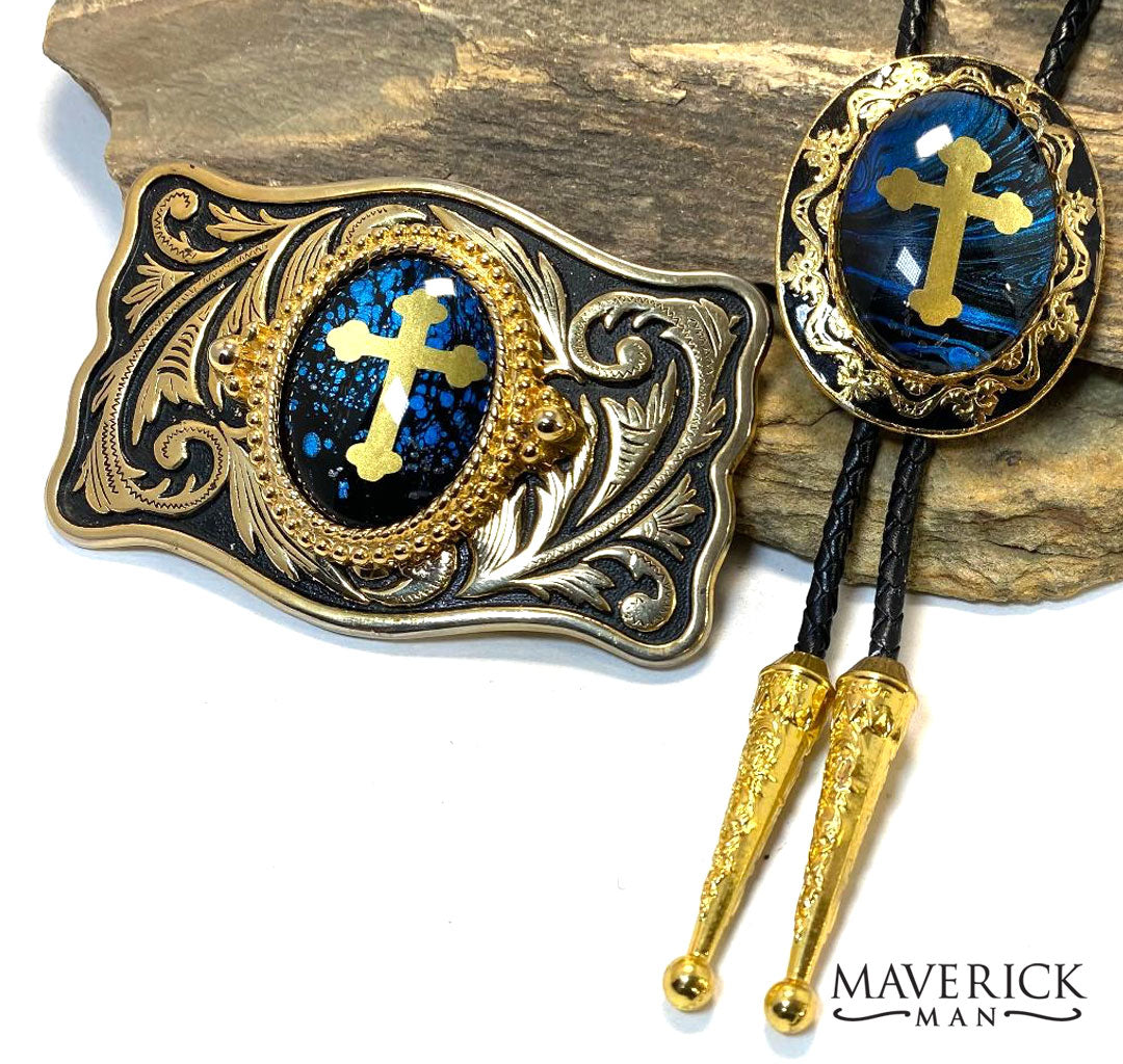 Super sharp blue and black hand painted stone in bolo and buckle set