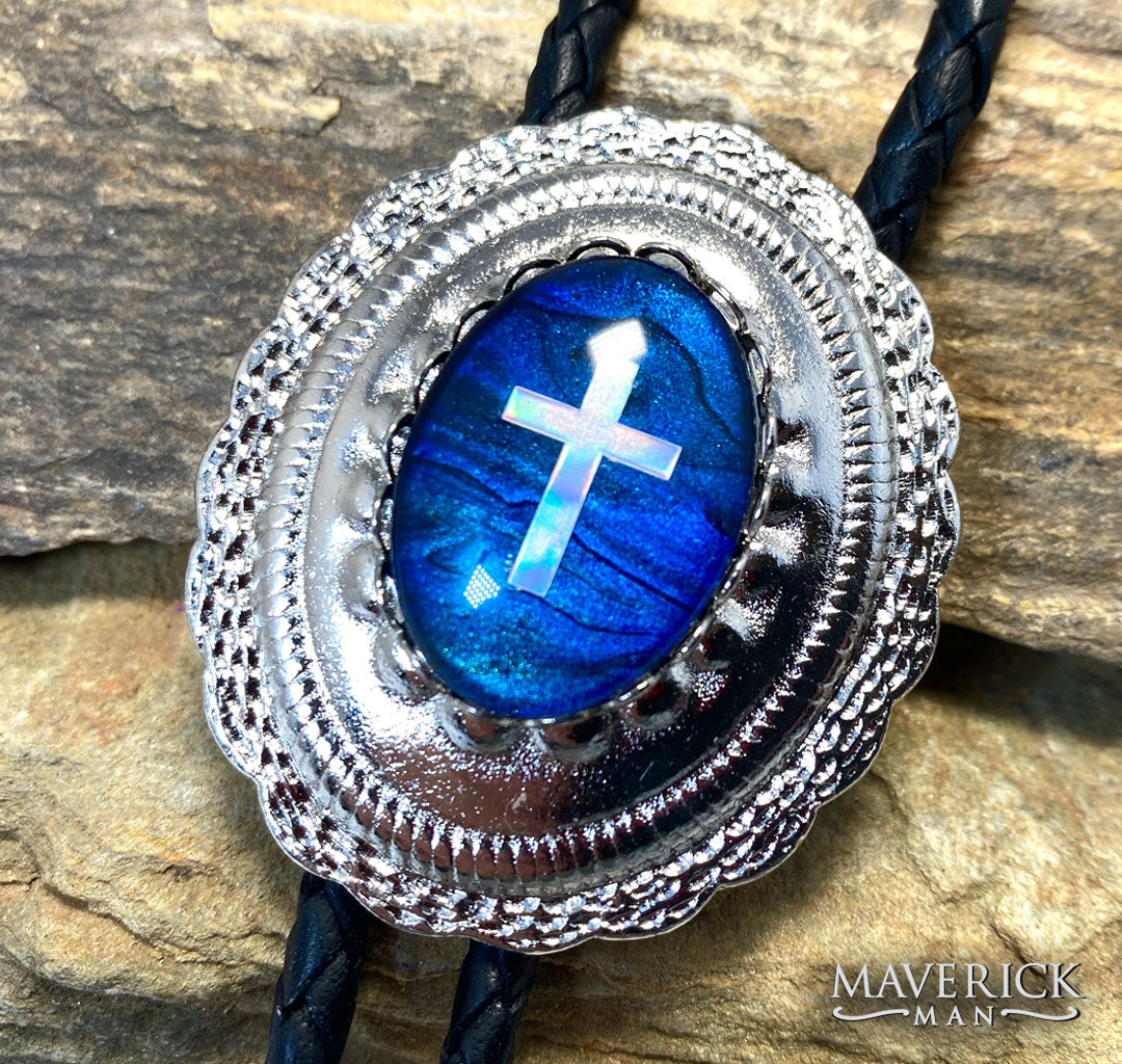 Silver concho bolo with holographic cross on our hand painted stone