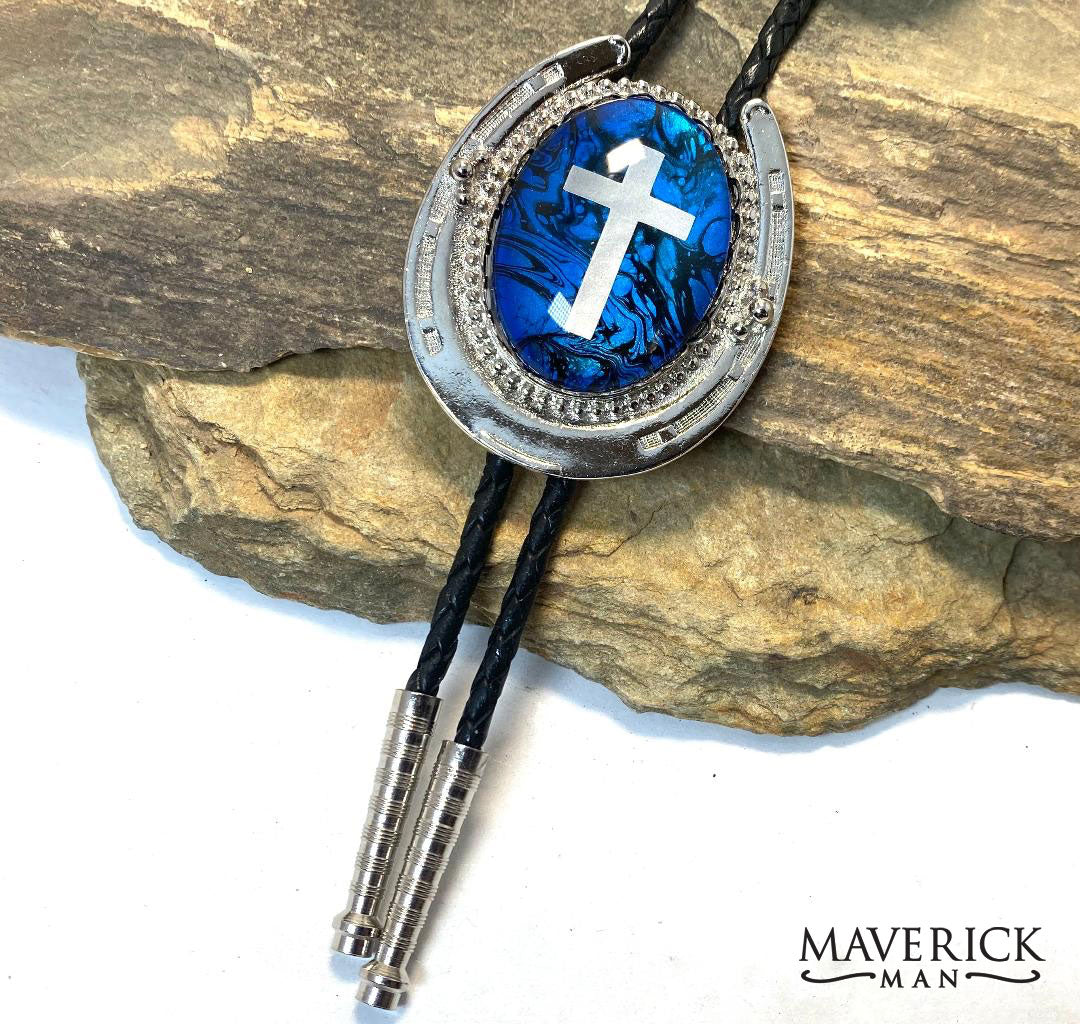 Silver horseshoe bolo with holographic cross on our hand painted stone