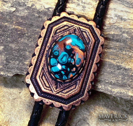 Smaller geometric copper bolo with hand painted turquoise black and copper stone