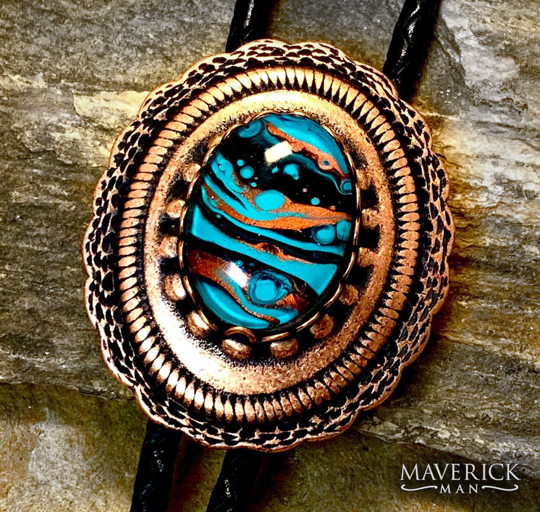 Copper concho bolo with hand painted turquoise black and copper stone
