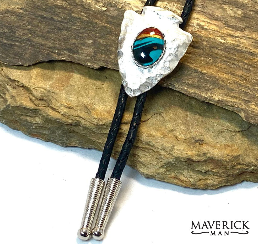 Hammered silver arrowhead bolo with a southwestern hand painted stone