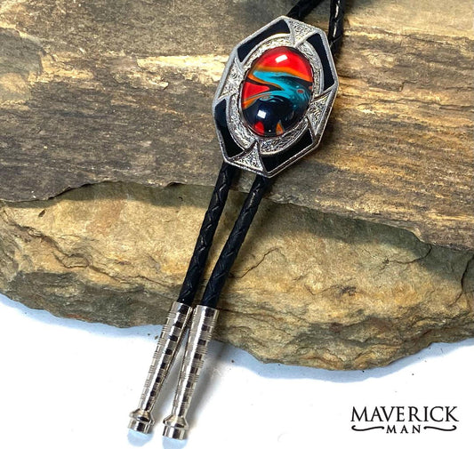 Dressy silver geometric bolo with striking hand painted southwestern stone