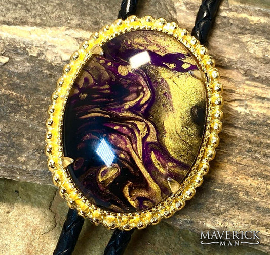 Large golden beaded bolo with eye-catching hand painted stone