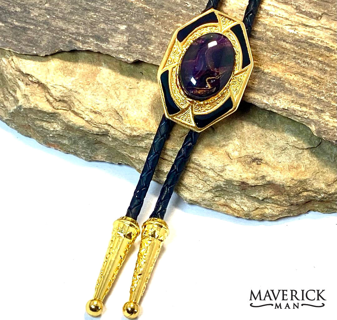 Golden dressy geometric bolo with eye-catching hand painted stone