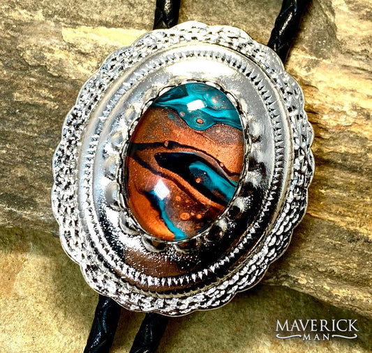 Silver concho bolo with hand painted turquoise black and copper stone