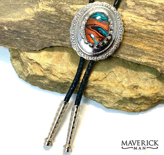 Silver concho bolo with hand painted turquoise black and copper stone