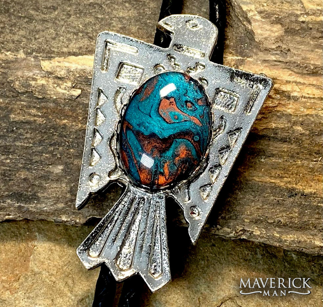 Large silver thunderbird bolo with hand painted turquoise black and copper stone