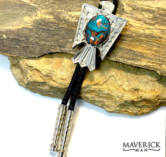 Large silver thunderbird bolo with hand painted turquoise black and copper stone